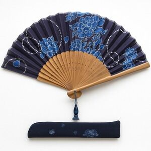 Hakuchikudo Kyoto Japanese Folding Hand Fan Sensu Blue Floral Bamboo Fan w/Box